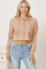 Waffle-Knit Drawstring Zip Up Hoodie - Trendsi - Flyclothing LLC
