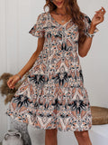 Printed V-Neck Tiered Dress - Trendsi