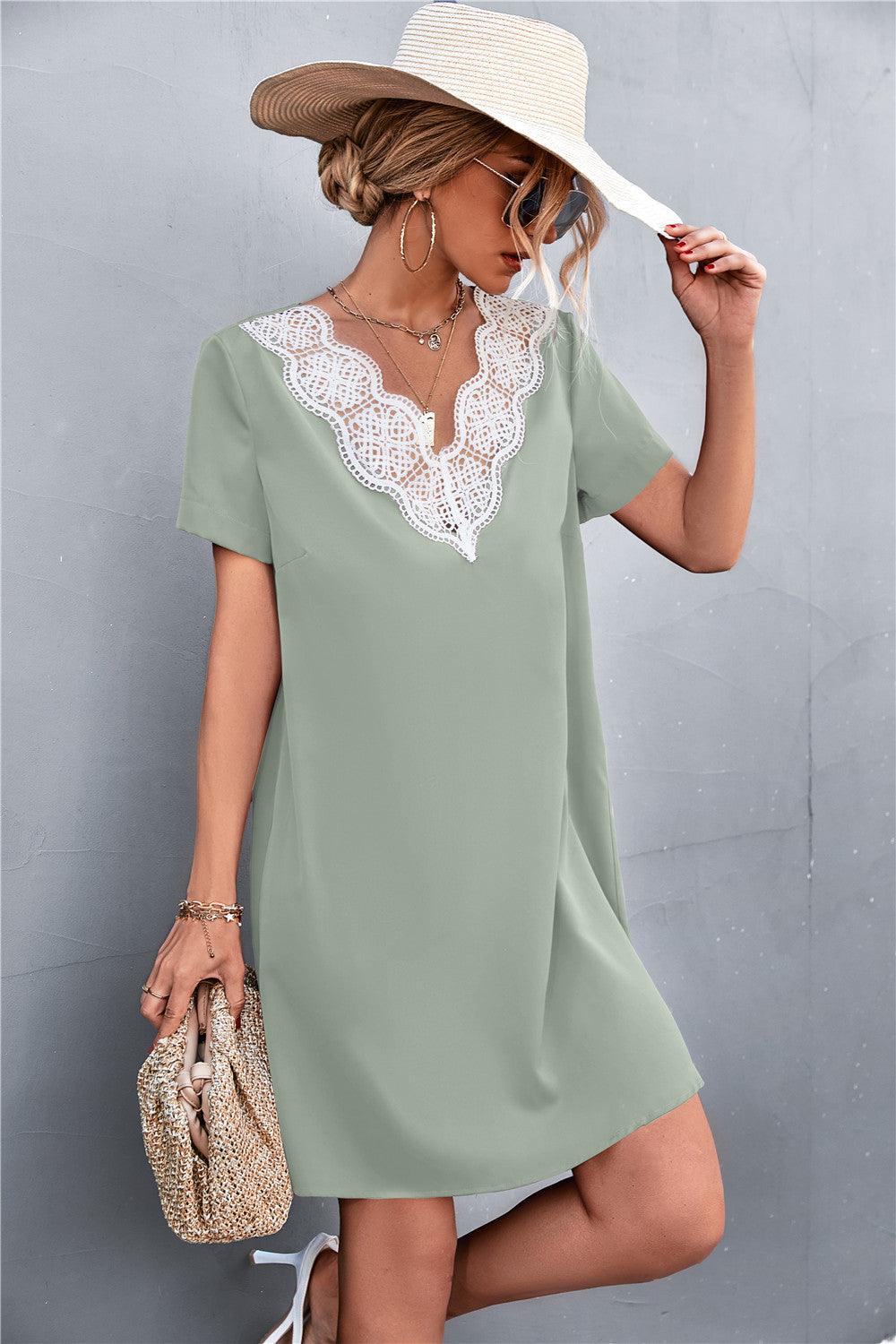 Spliced Lace Contrast Short Sleeve Dress - Flyclothing LLC