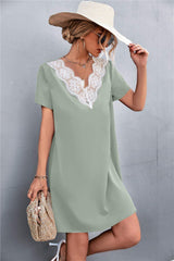 Spliced Lace Contrast Short Sleeve Dress - Trendsi - Flyclothing LLC