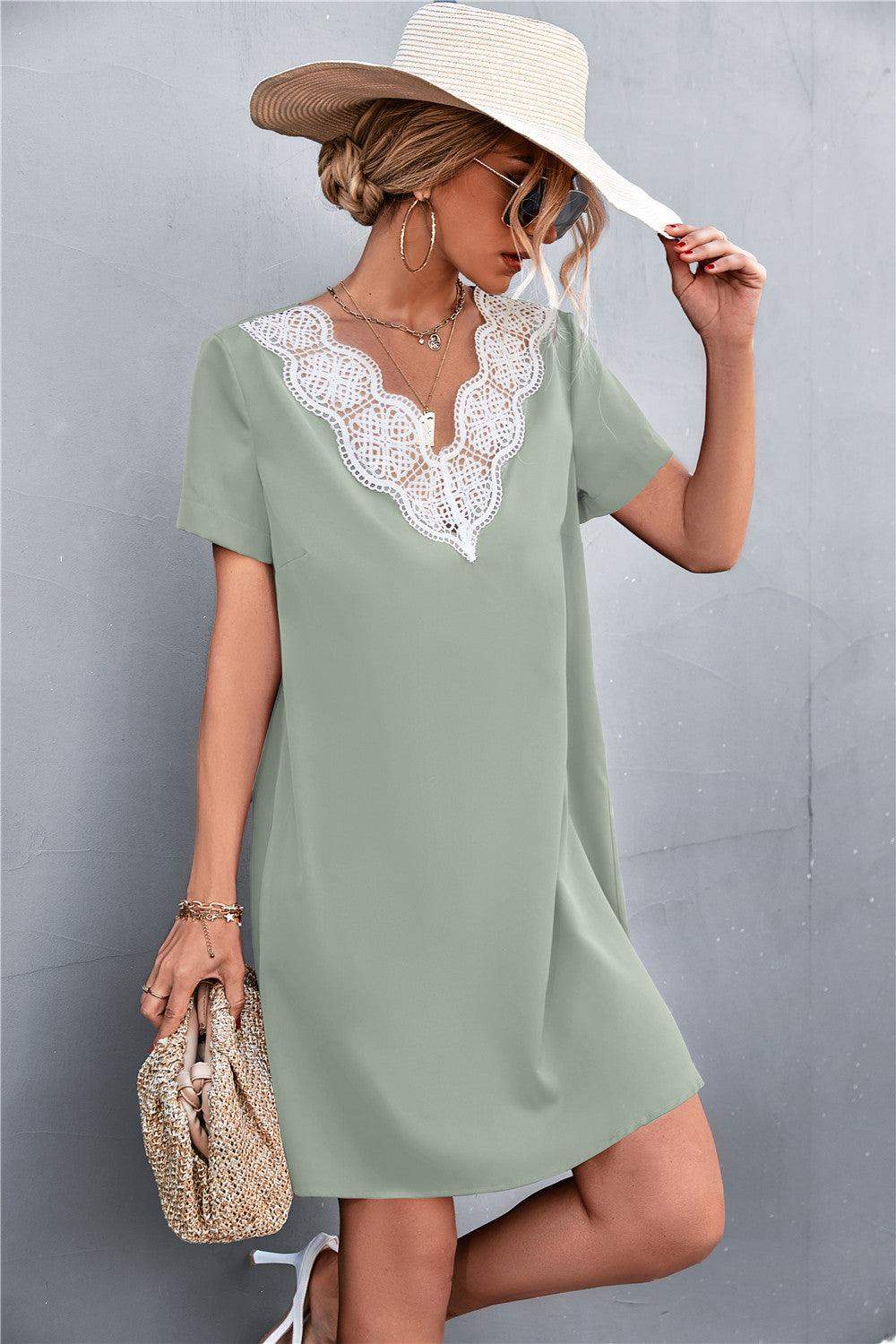 Spliced Lace Contrast Short Sleeve Dress - Trendsi - Flyclothing LLC