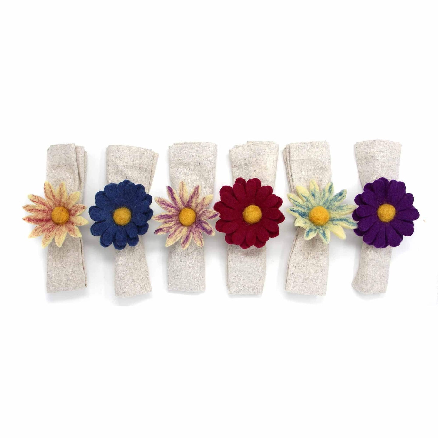 Hand Crafted Felt from Nepal: Set of 6 Napkin Rings, Assorted Daisies for Fall - Drop Shipping By Global Crafts - Flyclothing LLC