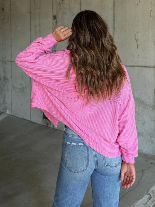 Ribbed Collared Neck Button Up Jacket - Trendsi