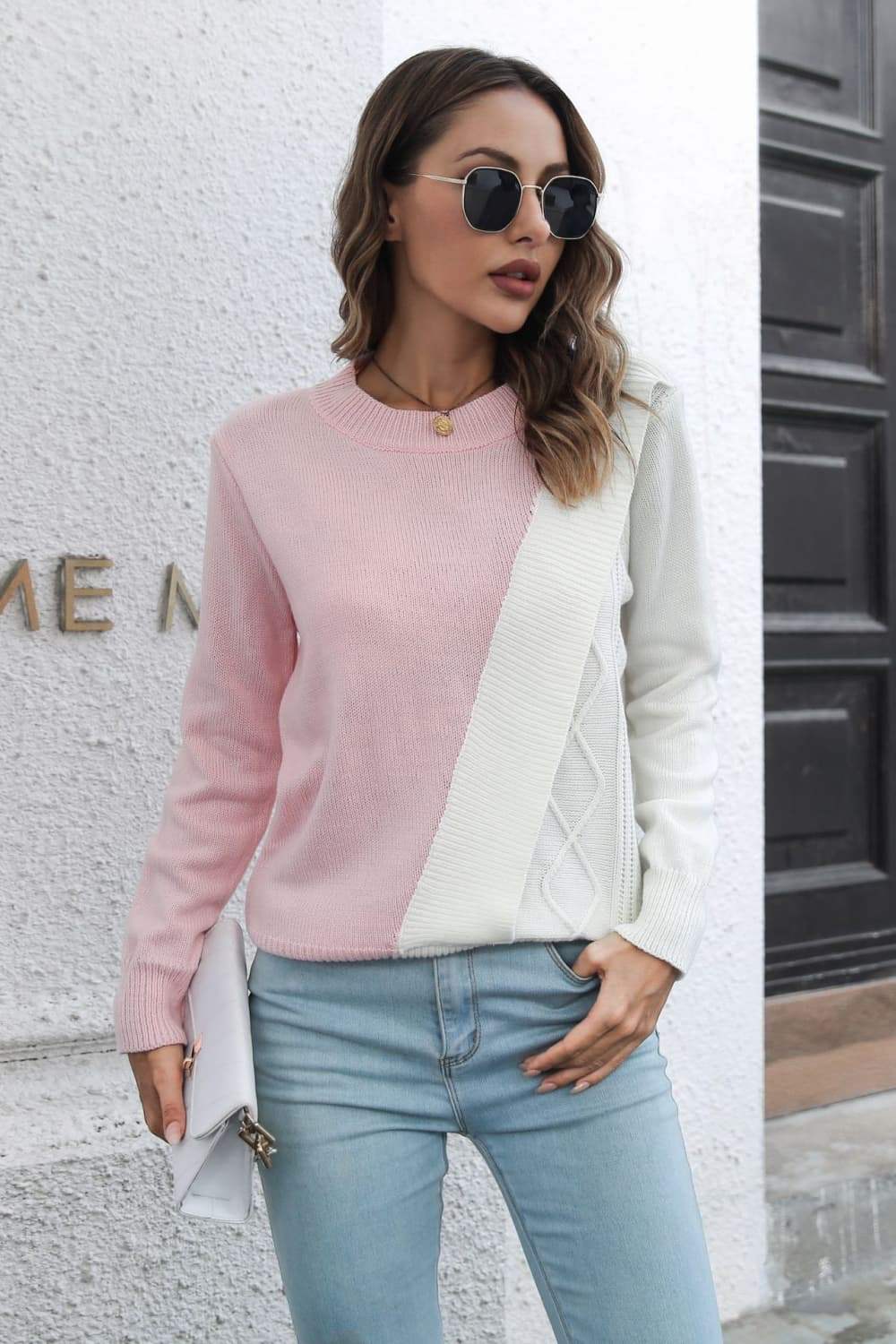 Contrast Color Round Neck Long Sleeve Sweater - Trendsi - Flyclothing LLC