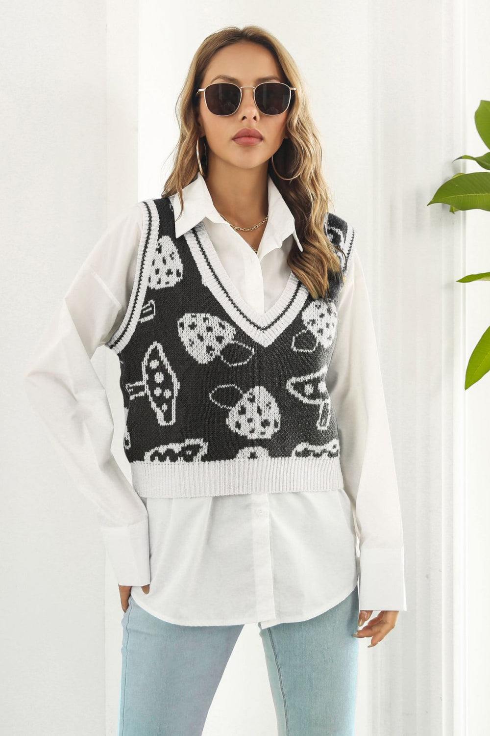Printed Plunge Neck Sweater Vest - Trendsi