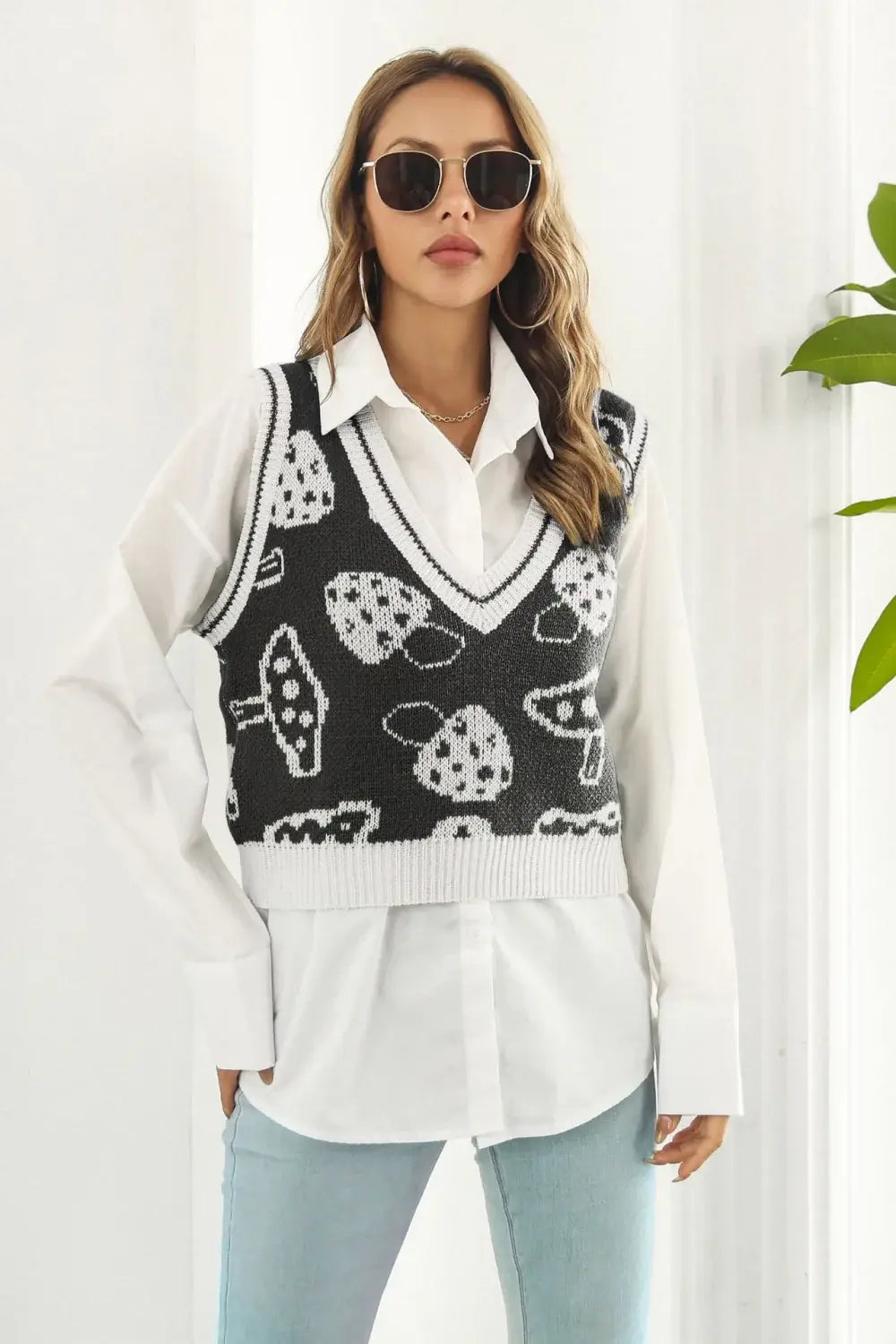 Printed Plunge Neck Sweater Vest - Trendsi - Flyclothing LLC