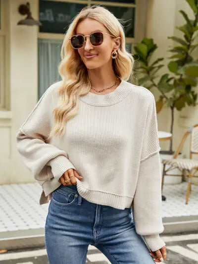 Round Neck Lantern Sleeve Sweater - Trendsi - Flyclothing LLC
