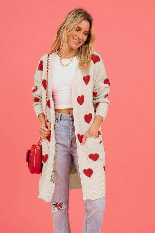 Heart Graphic Open Front Cardigan with Pockets - Trendsi - Flyclothing LLC