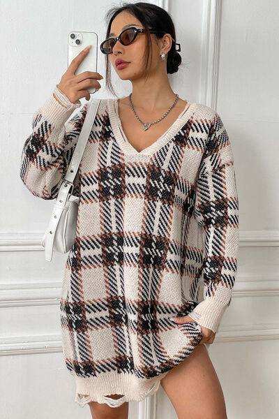 Plaid V-Neck Long Sleeve Sweater Dress - Trendsi - Flyclothing LLC