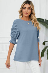 Frill Round Neck Lantern Sleeve T-Shirt - Trendsi - Flyclothing LLC