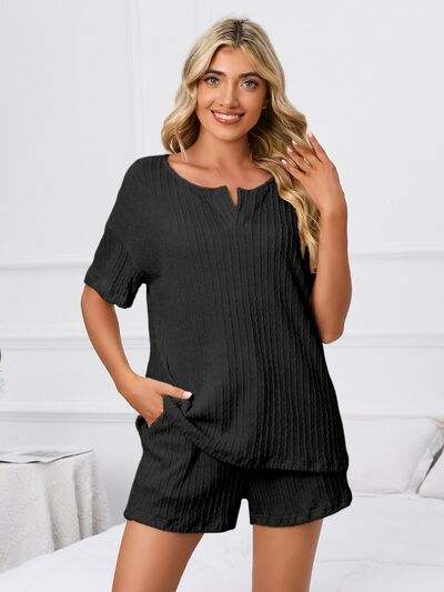 Notched Short Sleeve and Shorts Lounge Set - Trendsi - Flyclothing LLC