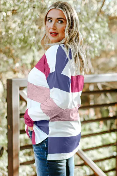 Plus Size Striped Slit Long Sleeve T-Shirt - Trendsi - Flyclothing LLC