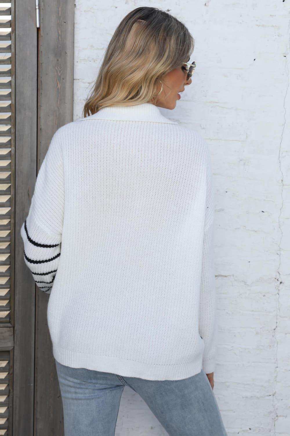 Ribbed Notched Neck Striped Long Sleeve Sweater - Trendsi - Flyclothing LLC