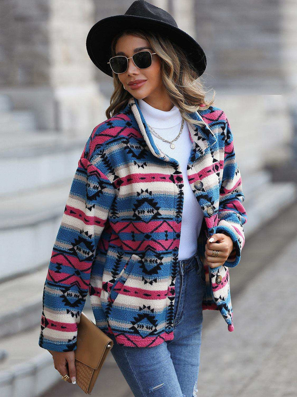 Geometric Button Down Dropped Shoulder Jacket - Trendsi - Flyclothing LLC