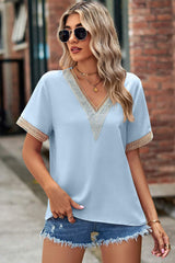 Openwork V-Neck Short Sleeve T-Shirt - Trendsi - Flyclothing LLC