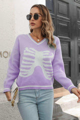 Skeleton Pattern V-Neck Long Sleeve Pullover Sweater - Trendsi - Flyclothing LLC
