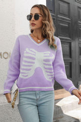 Skeleton Pattern V-Neck Long Sleeve Pullover Sweater - Flyclothing LLC