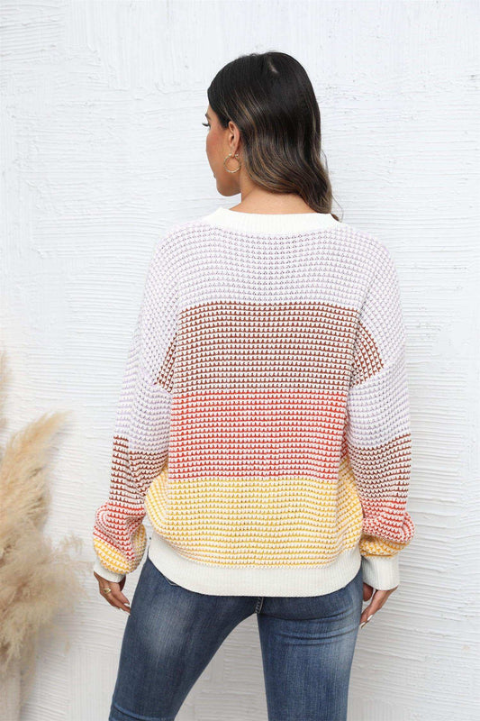 Waffle-Knit Round Neck Dropped Shoulder Color Block Sweater - Trendsi - Flyclothing LLC