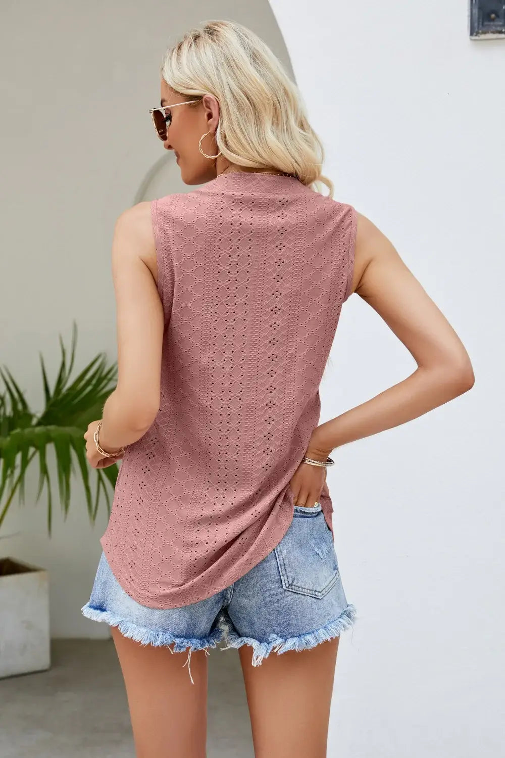 Notched Neck Curved Hem Eyelet Tank - Trendsi - Flyclothing LLC
