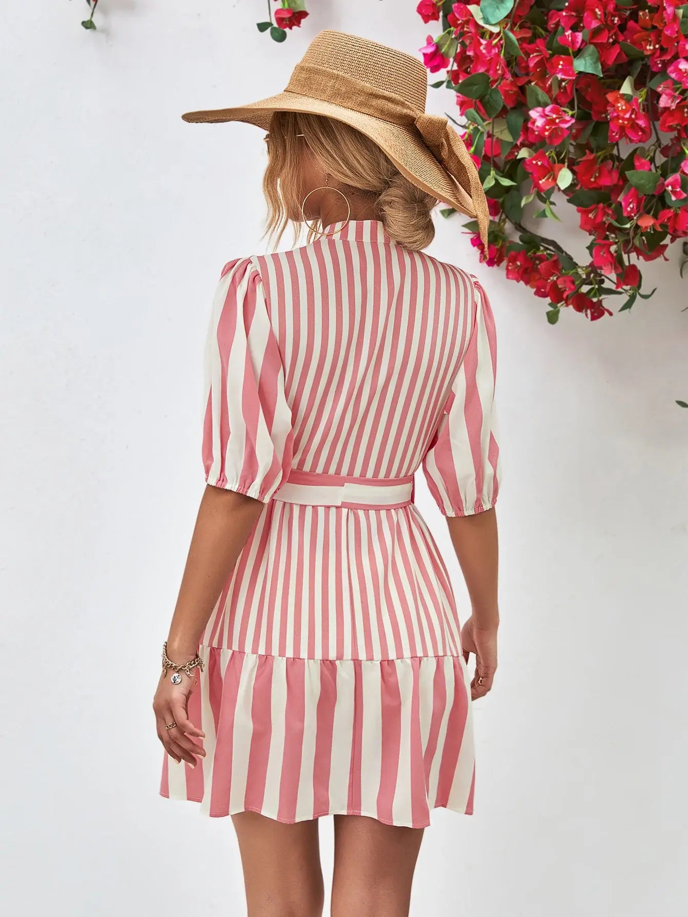 Striped Half Sleeve Tie Waist Mini Dress - Trendsi - Flyclothing LLC