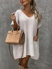 V-Neck Short Sleeve Sweater with Pockets - Flyclothing LLC
