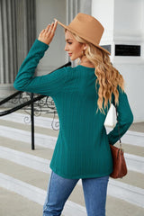 Cable-Knit Long Sleeve V-Neck T-Shirt - Trendsi