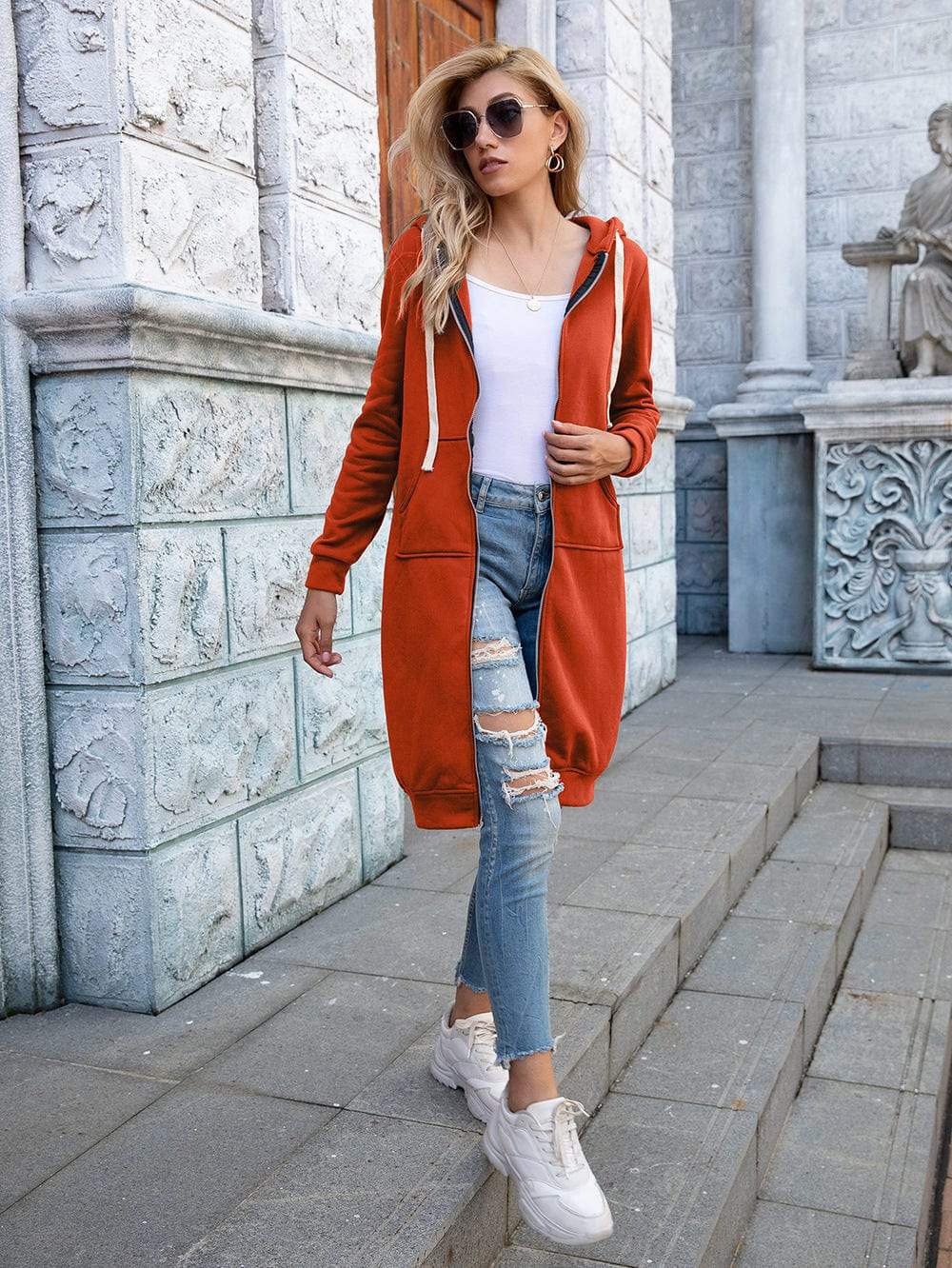 Full Size Zip-Up Longline Hoodie with Pockets - Trendsi - Flyclothing LLC