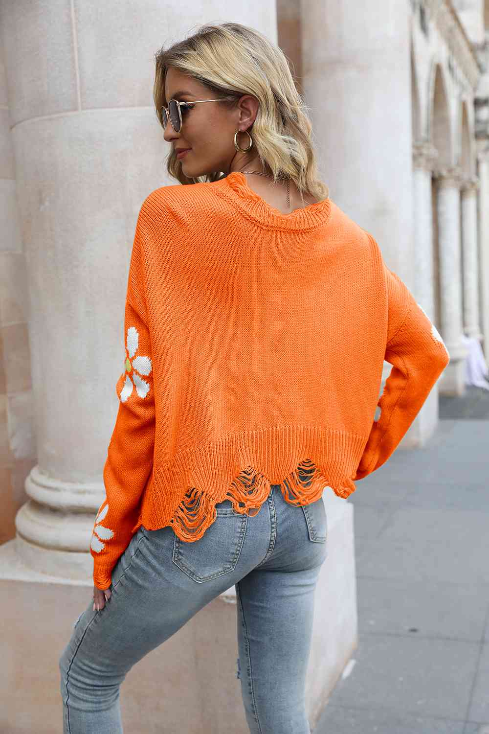 Flower Distressed Long Sleeve Sweater - Trendsi - Flyclothing LLC