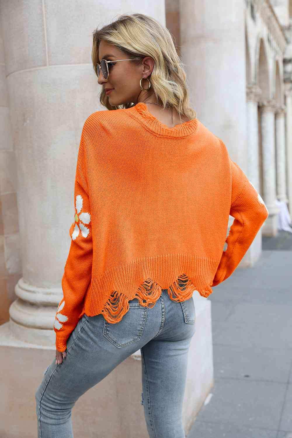 Flower Distressed Long Sleeve Sweater - Trendsi - Flyclothing LLC