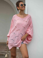 Full Size Boat Neck Lantern Sleeve Openwork Knit Top - Trendsi