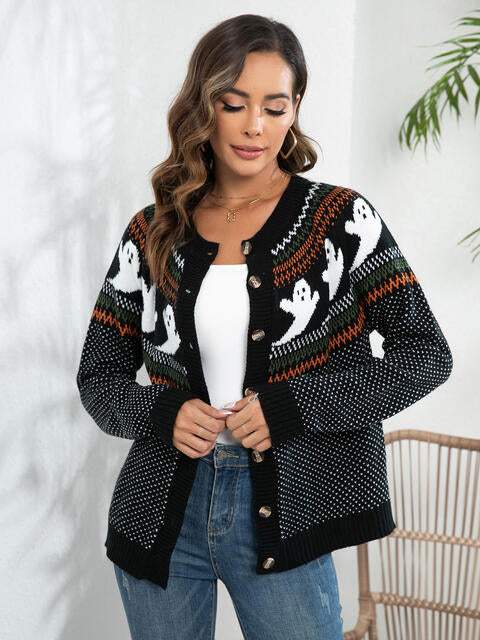 Ghost Button Up Long Sleeve Cardigan - Trendsi - Flyclothing LLC