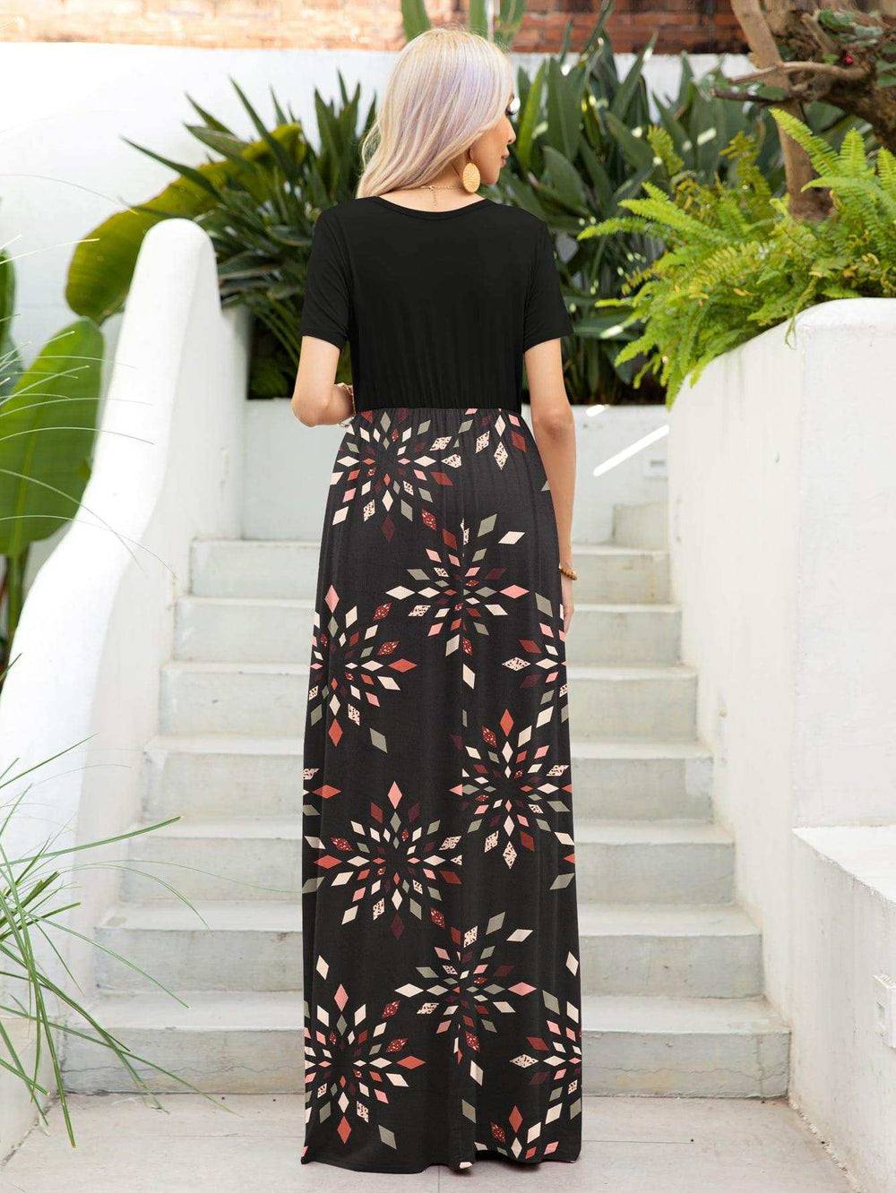 Printed Round Neck Short Sleeve Maxi Dress - Trendsi - Flyclothing LLC