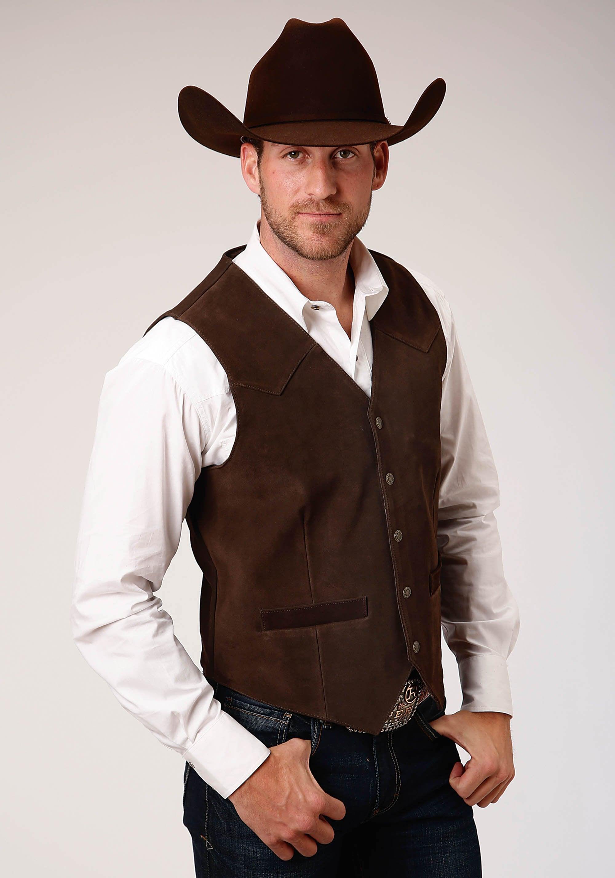 ROPER MENS BROWN SUEDE LEATHER VEST WITH WESTERN FRONT YOKES - Roper