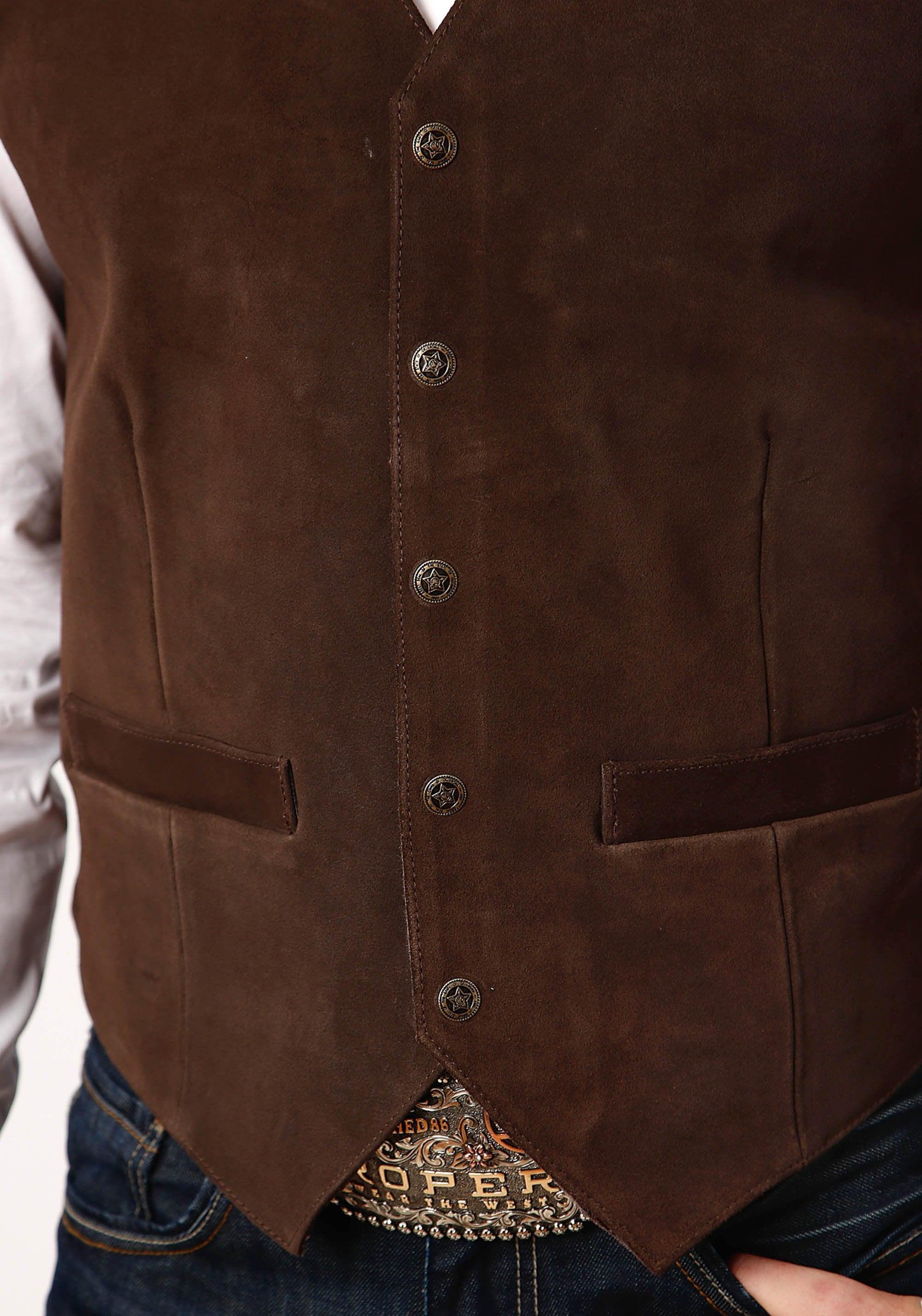 ROPER MENS BROWN SUEDE LEATHER VEST WITH WESTERN FRONT YOKES - Roper