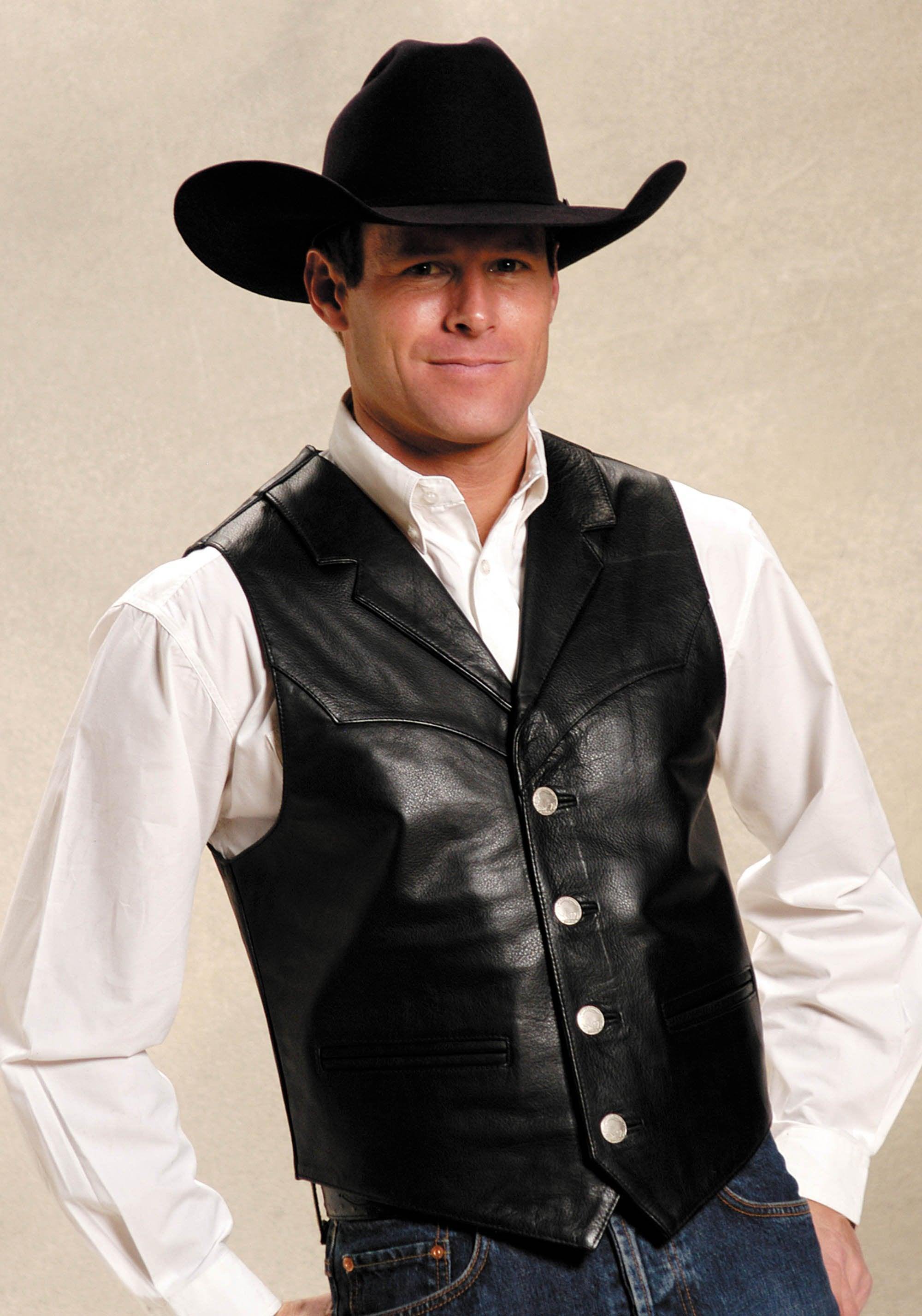 ROPER MENS BLACK LEATHER NOTCH COLLAR VEST - Roper