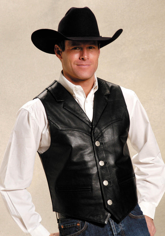 ROPER MENS BLACK LEATHER NOTCH COLLAR VEST - Roper