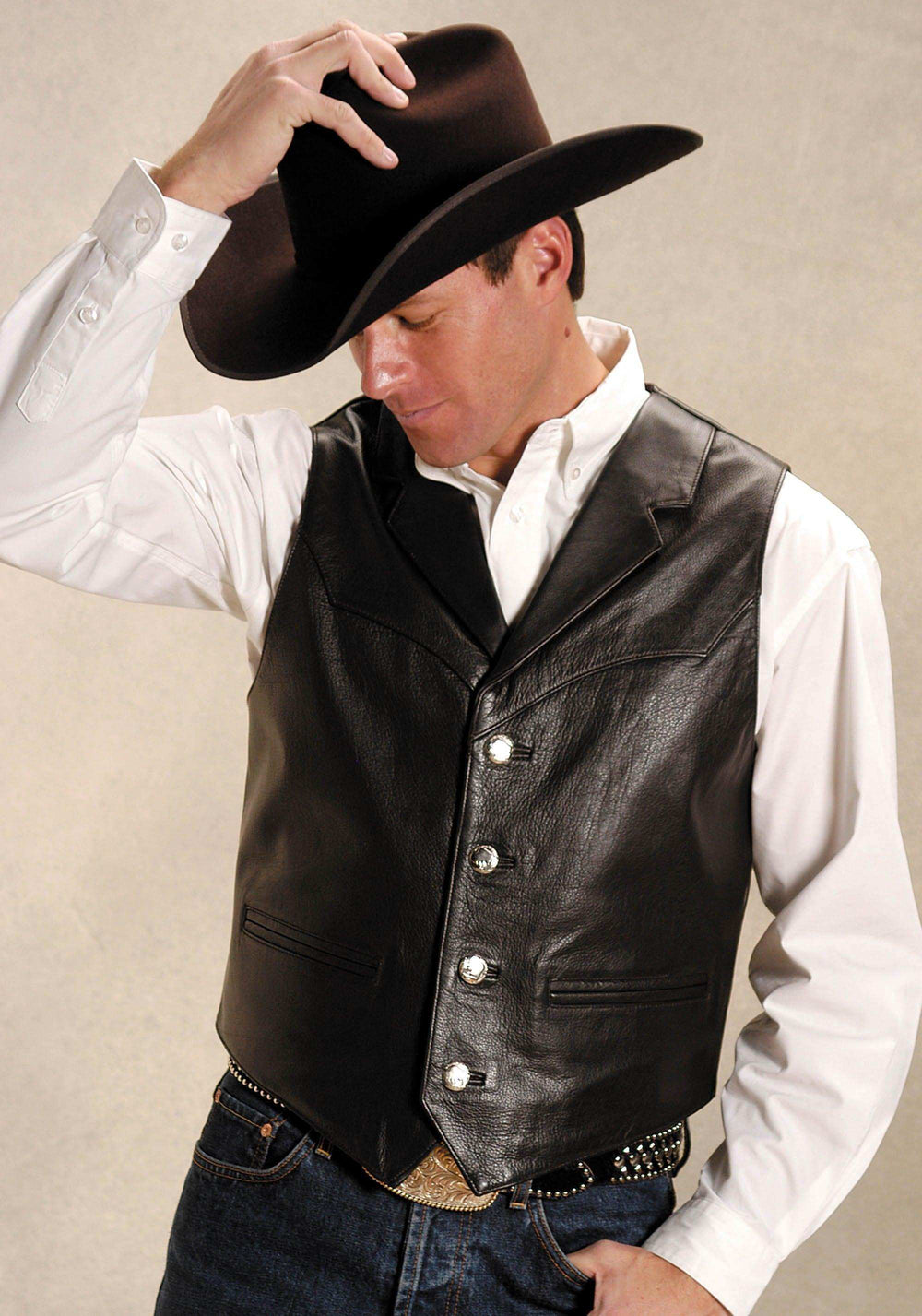 ROPER MENS BROWN LEATHER NOTCH COLLAR VEST - Roper - Flyclothing LLC