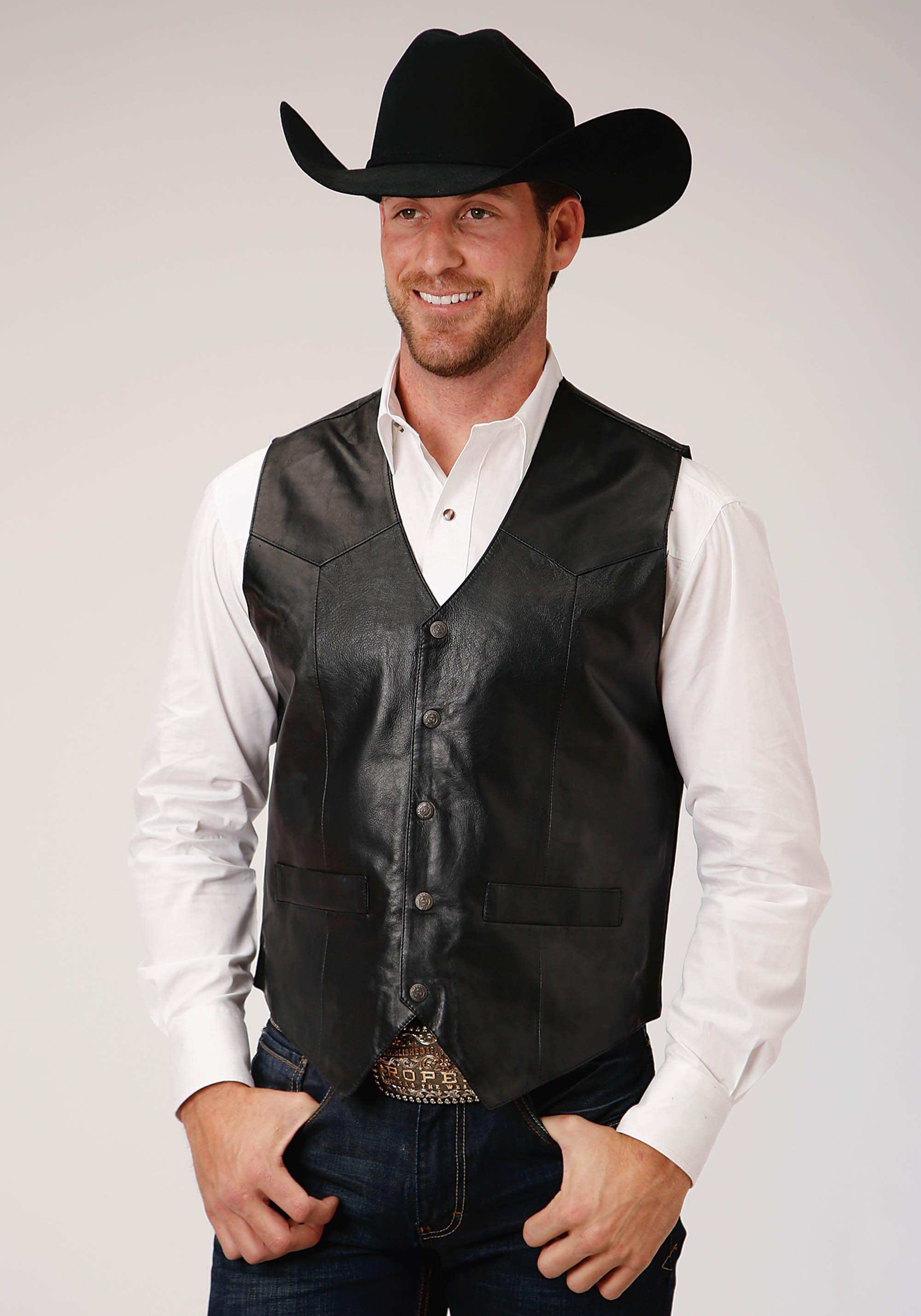 Roper Mens Black Leather Western Vest With Yokes - Roper - Flyclothing LLC