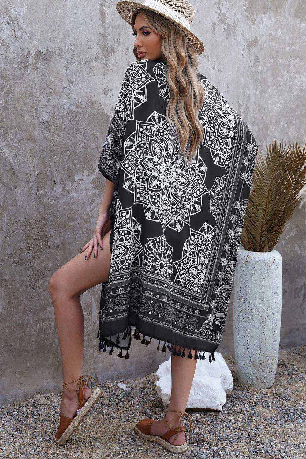 Printed Tassel Trim Open Front Cardigan - Trendsi - Flyclothing LLC