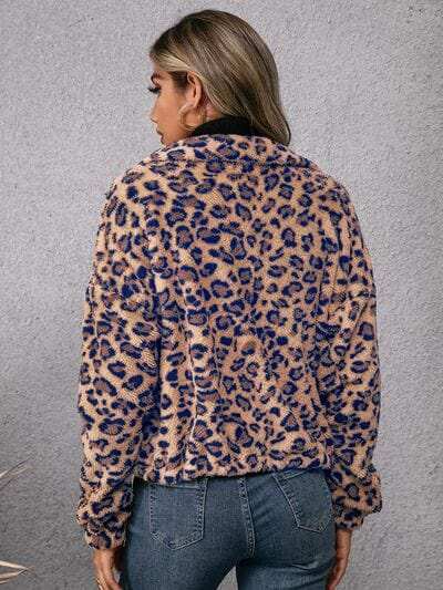 Drawstring Leopard Zip Up Jacket - Trendsi - Flyclothing LLC