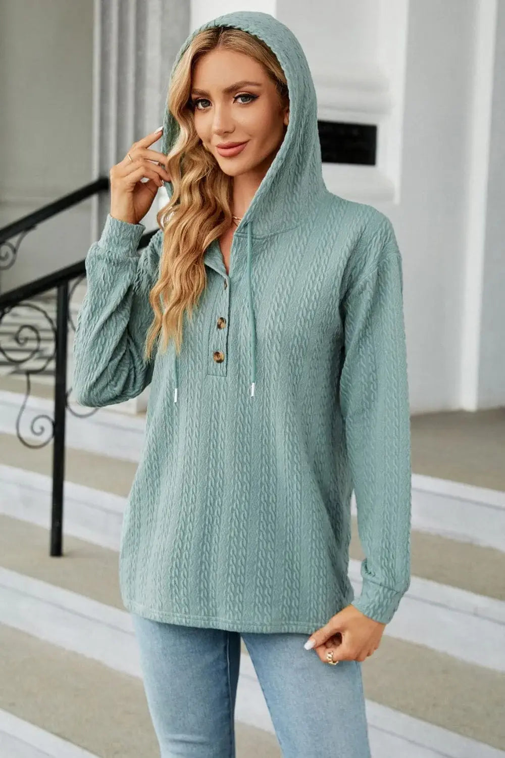 Cable-Knit Long Sleeve Hoodie - Trendsi - Flyclothing LLC