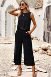 Buttoned Round Neck Tank and Wide Leg Pants Set - Trendsi