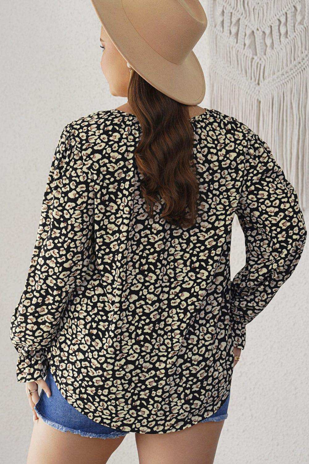 Plus Size Floral Flounce Sleeve Tie-Neck Blouse - Trendsi - Flyclothing LLC