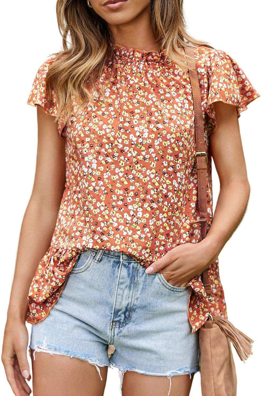 Floral Flutter Sleeve Frill Trim Blouse - Trendsi - Flyclothing LLC