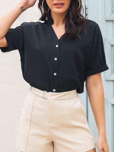 Notched Button Up Short Sleeve Shirt - Trendsi - Flyclothing LLC