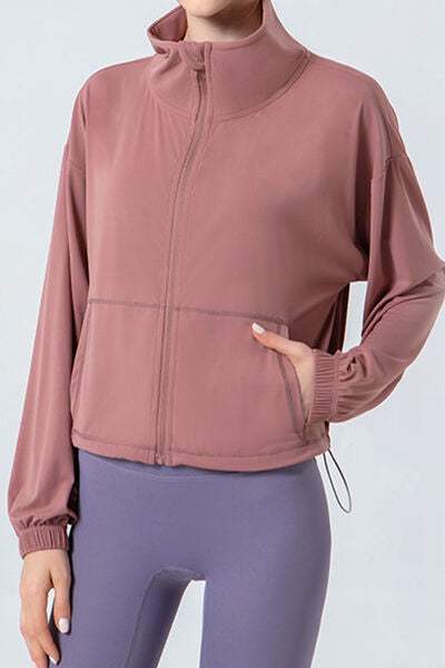 Drawstring Zip Up Dropped Shoulder Active Outerwear - Trendsi - Flyclothing LLC