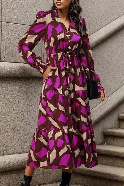Printed Tied Pocketed Lantern Sleeve Dress - Trendsi - Flyclothing LLC