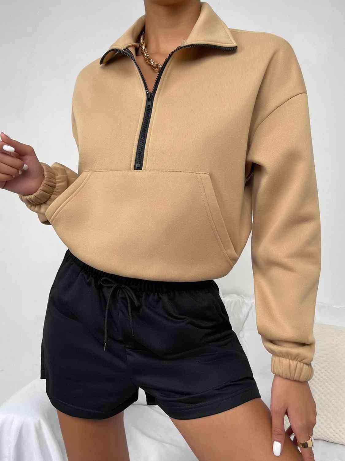 Half-Zip Dropped Shoulder Sweatshirt - Trendsi