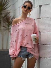 Full Size Boat Neck Lantern Sleeve Openwork Knit Top - Trendsi