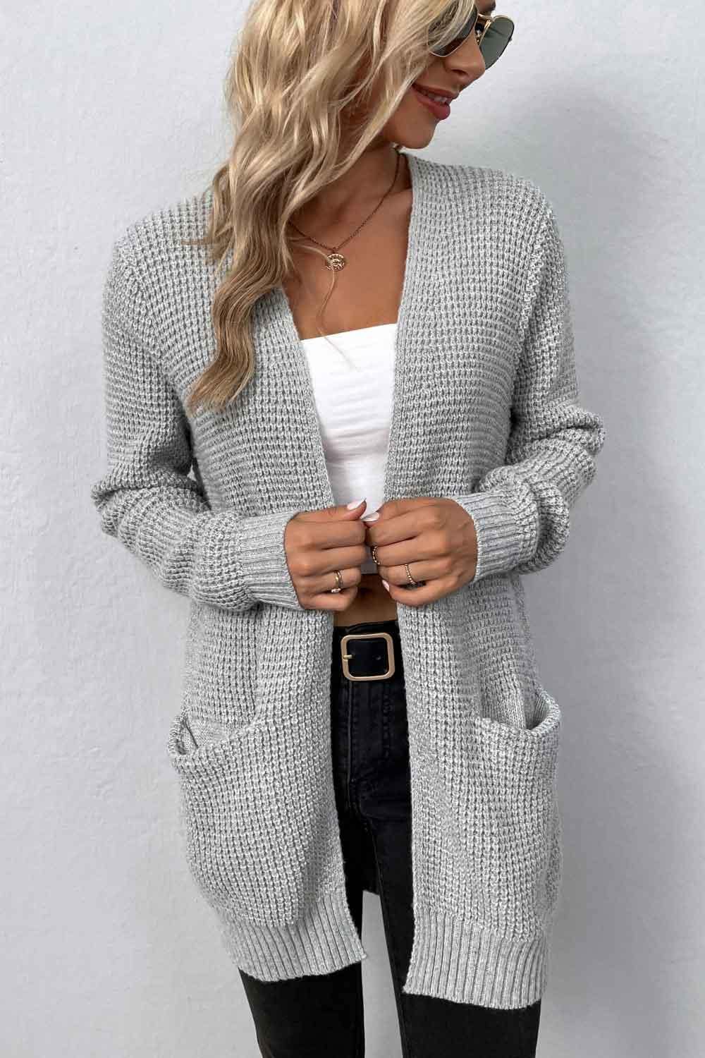 Rib-Knit Open Front Pocketed Cardigan - Trendsi